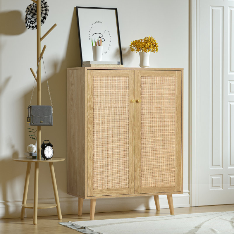 Bayou Breeze Zaida Rattan Cabinet Entry Cabinet Wood 2 Door Accent Cabinet with Adjustable Shelves Rustic Oak Reviews Wayfair